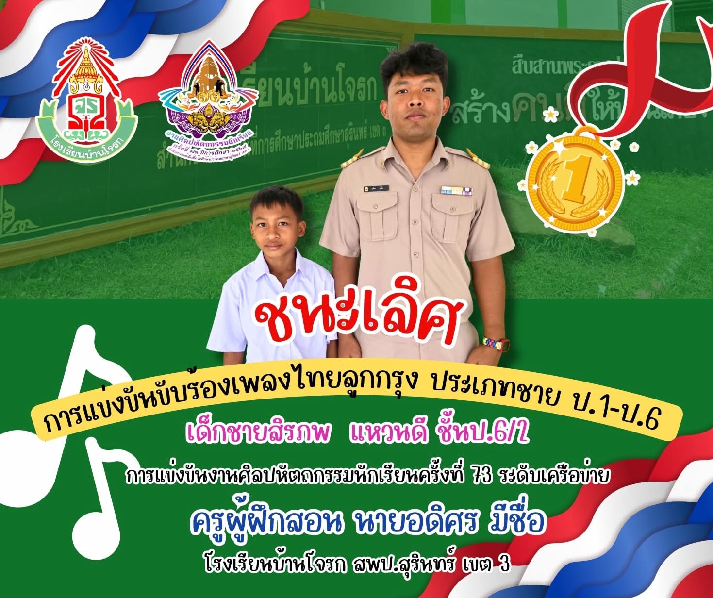 ผลรางวัลการแข่งขันชนะเลิศขับร้องเพลงไทยลูกกรุง ชาย ป.1-ป.6